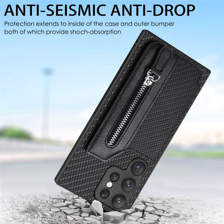 For Samsung Galaxy S23 Ultra 5G Carbon Ffiber Flip Zipper Wallet Phone Case(Black)