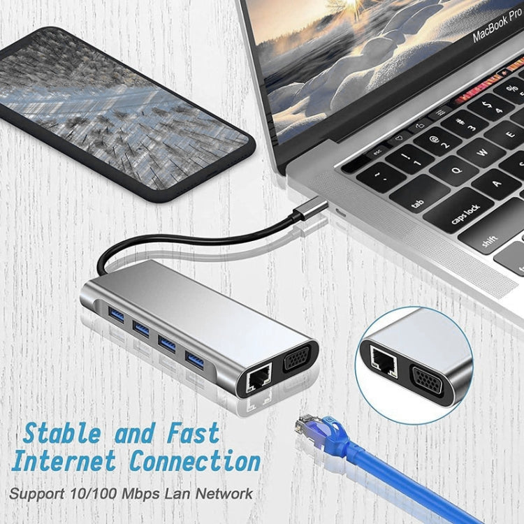 USB C HUB, USB C Adapter 11 in 1 Dongle with 4K HDMI, VGA, Type C PD, USB3.0, RJ45 Ethernet, SD/TF Card Reader, 3.5mm AUX, Docking Station Compatible with MacBook Pro/Air, Other Type C Laptops Devices