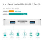 6 in 1 Type C USB 3.0 Hubs Type-C to 2xUSB3.0 RJ45 SD TF Card PD Charging Port Adapter Cable Converter for Laptop Macbook(gray)