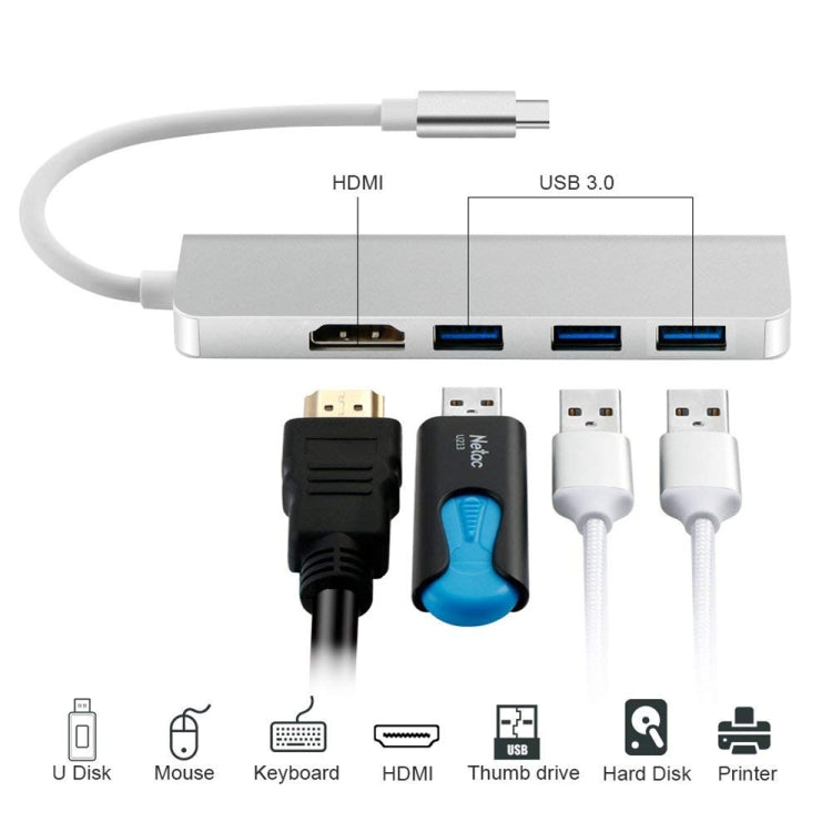 USB-C Hub, Type-C Adapter To HDMI,3 USB 3.0, Portable Aluminum USB C Dongle For MacBook Pro 2018/2017/2016 Chromebook Pixel, DELL XPS13