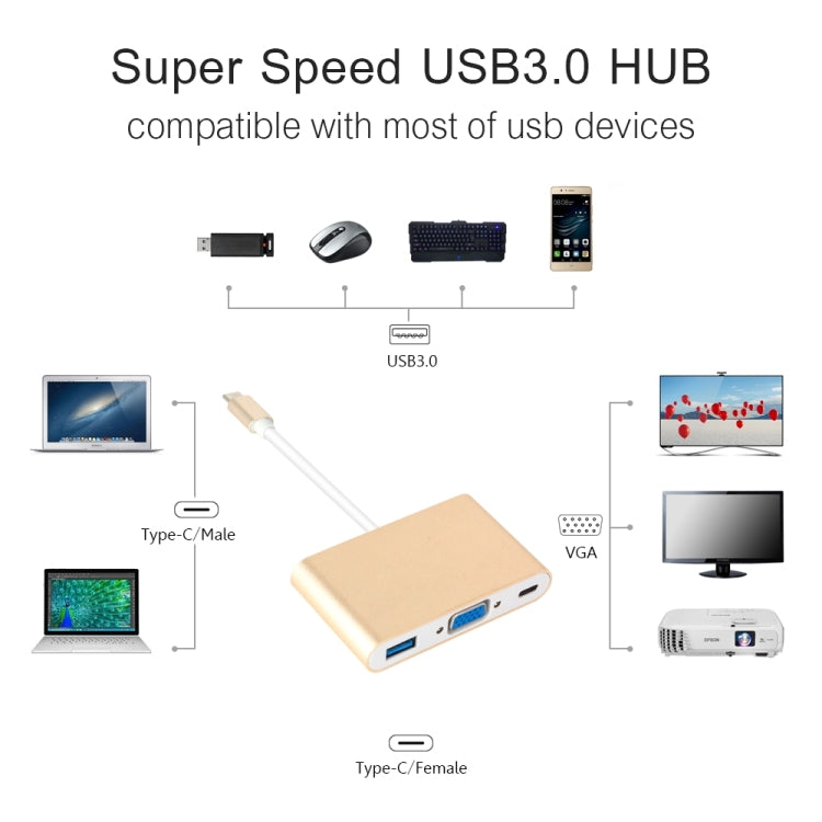 USB Type C to VGA 3-in-1 Hub Adapter supports USB Type C tablets and laptops for Macbook Pro / Google ChromeBook(Gold)