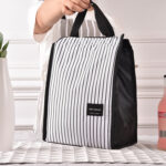 2 PCS Black White Stripes Portable Thermal Lunch Bags for Women Kids Men Food Picnic Cooler Box Insulated Tote Bag Storage Container(Black)