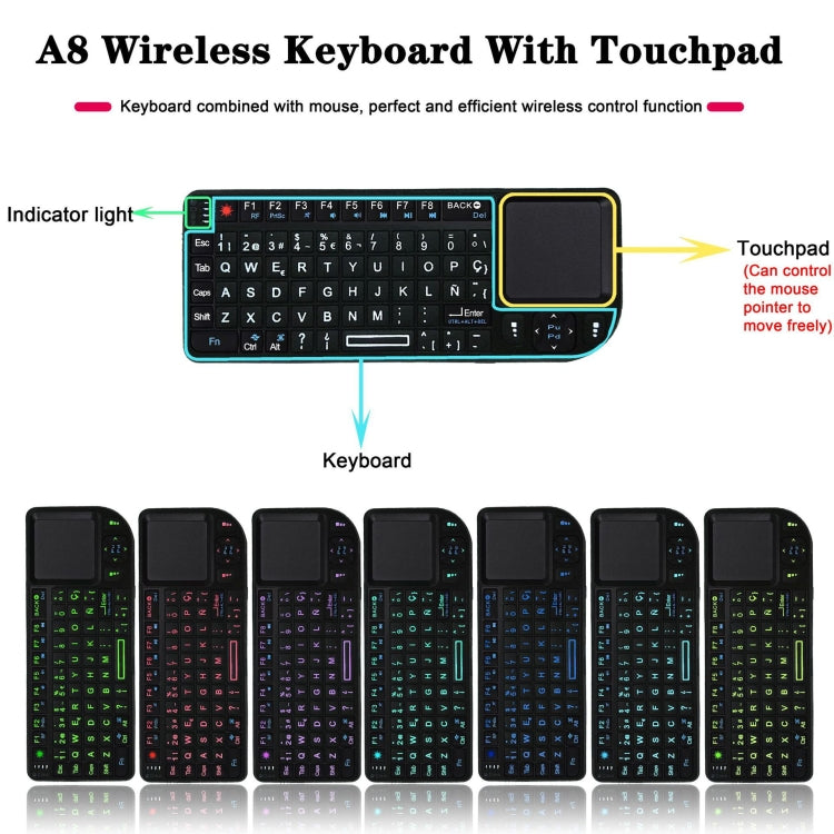 A8 Mini Wireless Mouse And Keyboard With Laser Touchpad Keyboard, Colour: English Colorful Backlight